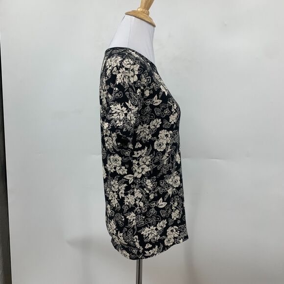 Eddie Bauer Shirt Womens S Small Black Beige Floral Short Sleeve Crew Stretch - Picture 4 of 12